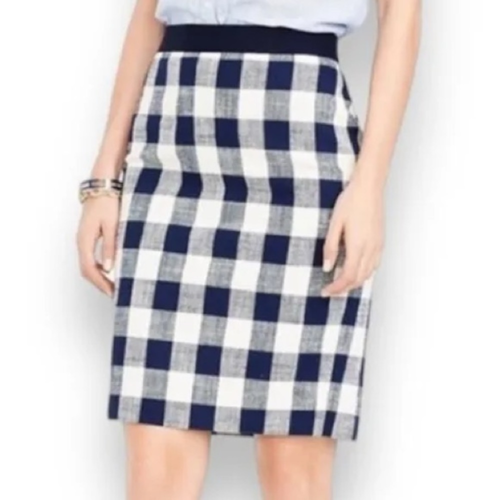 J Crew Pencil Skirt, Navy & Cream Check / Gingham / Plaid